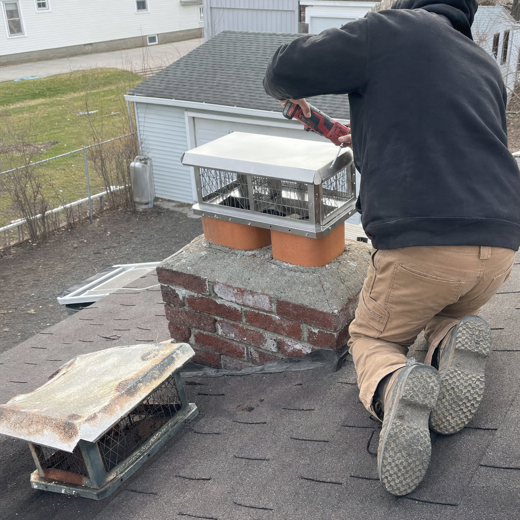 Technician installing a new stainless steel chimney cap on a brick chimney. in Buffalo, NY