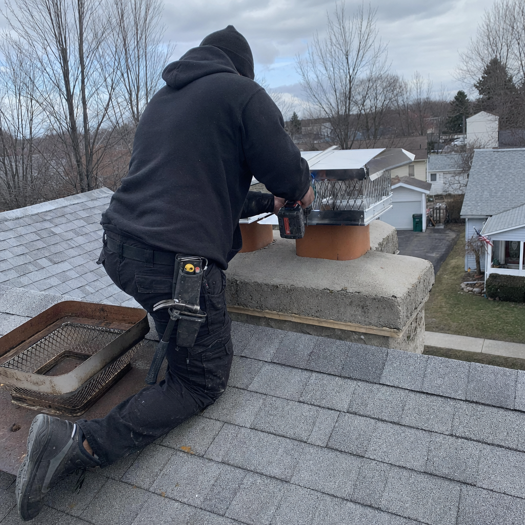 Professional technician installing a new stainless steel chimney cap in Buffalo, NY