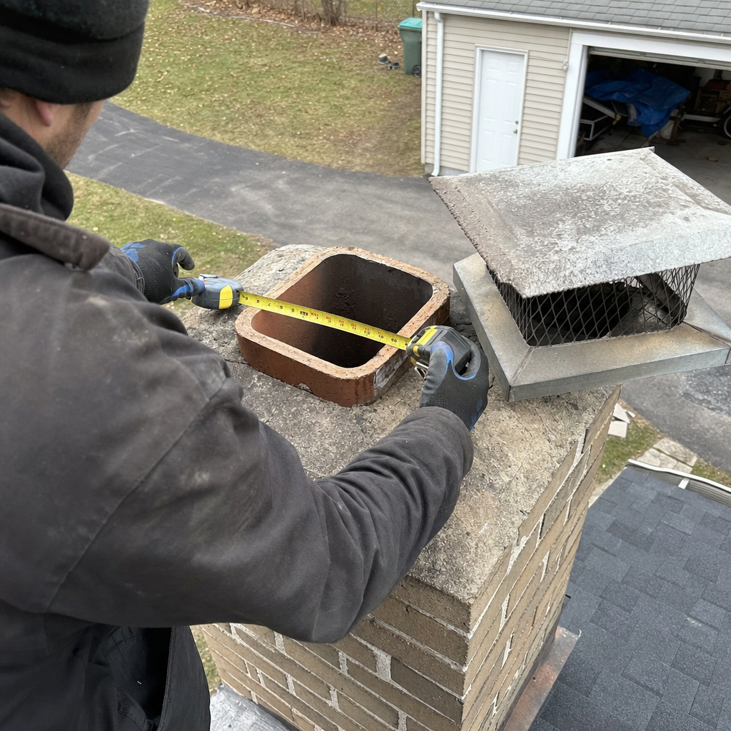 Technician measuring brick chimney flue for custom cap installation in Lockport, NY