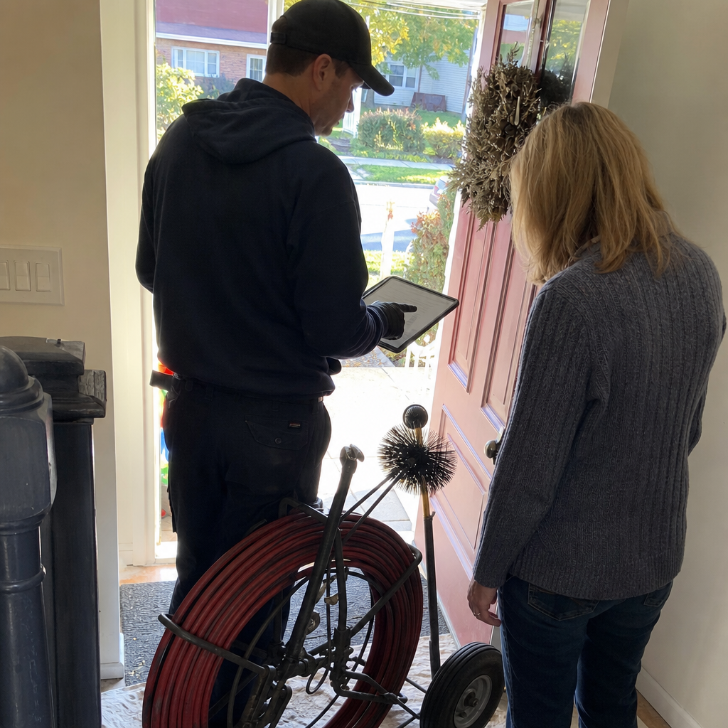 Chimney cleaning technician showing service quote to a homeowner in Buffalo, NY