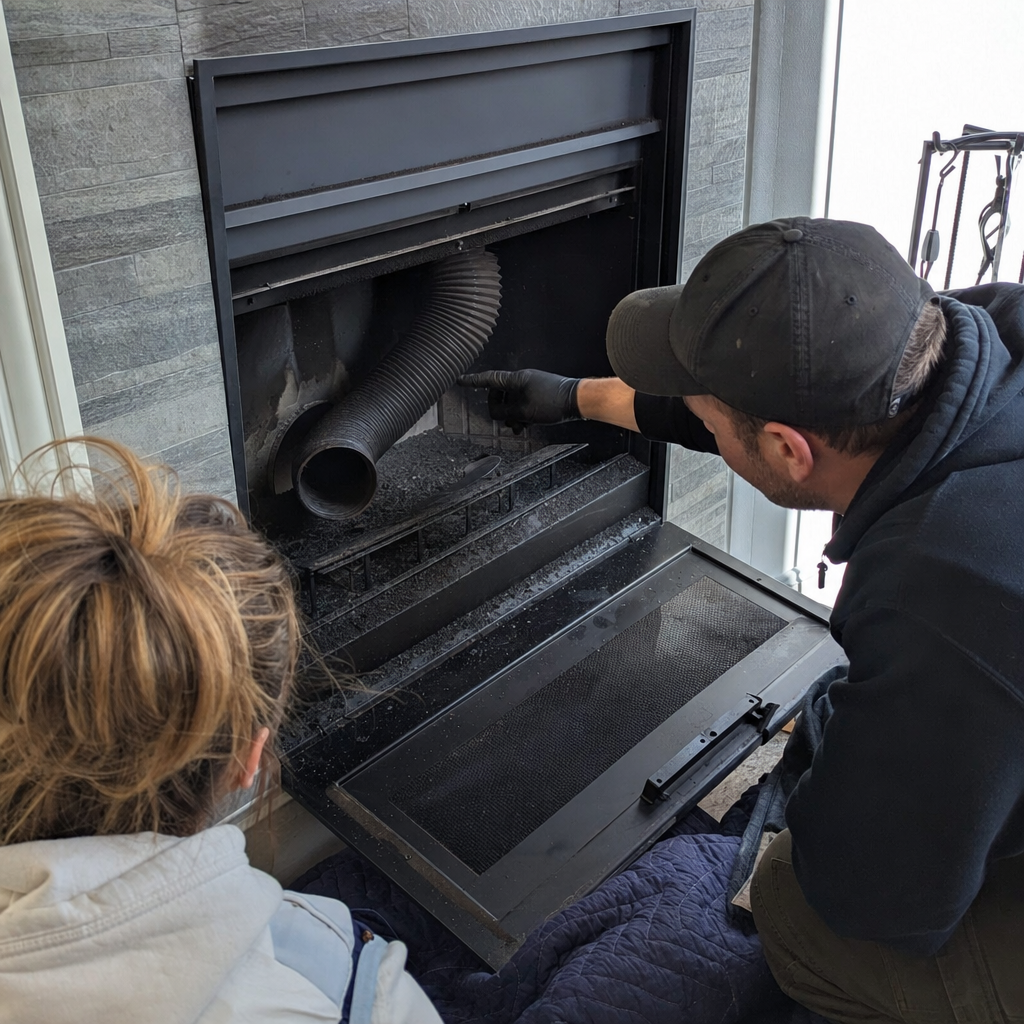 Professional chimney sweep inspecting fireplace and venting system with customer in Buffalo, NY