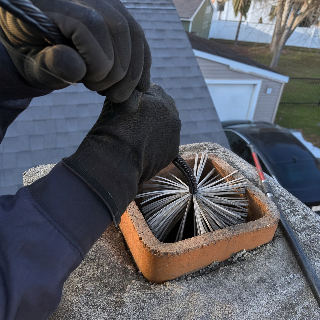 Professional cleaning a residential chimney flue from the roof