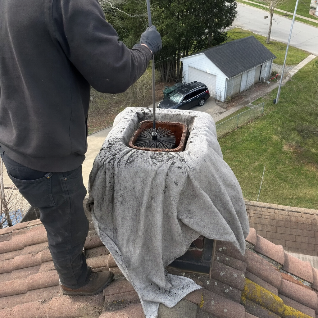 Professional chimney sweep cleaning a chimney flue on a rooftop. in Buffalo, NY