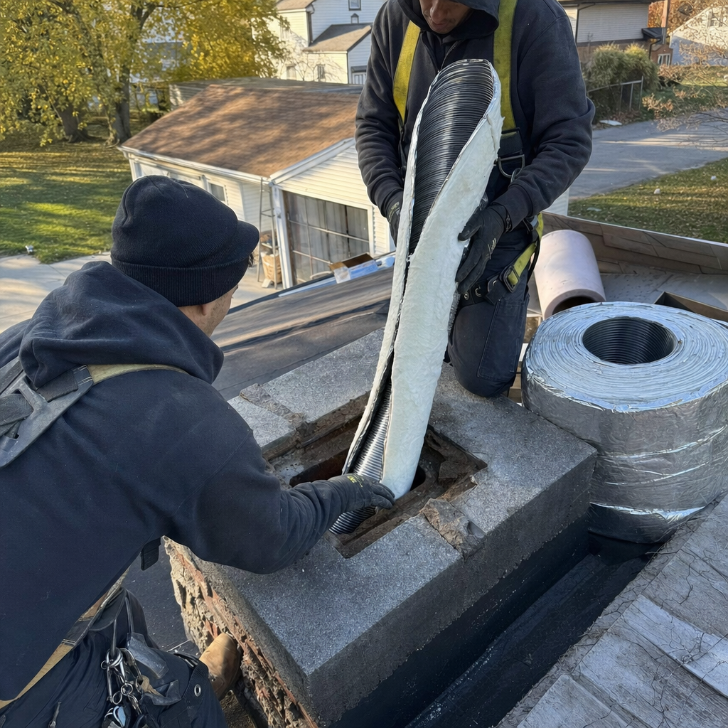 Professional technicians installing an insulated flexible chimney liner in Buffalo, NY