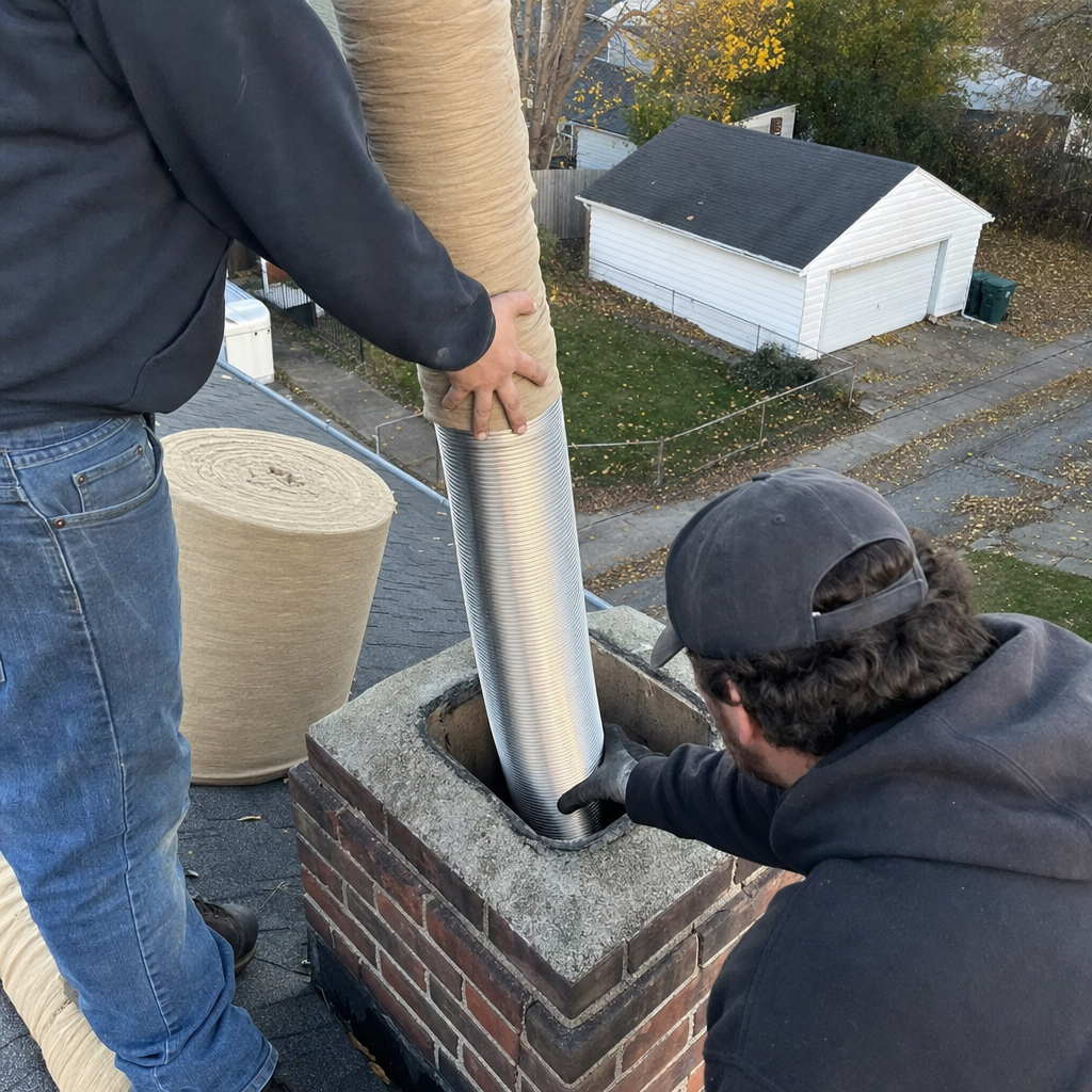 Technicians installing flexible stainless steel liner into a brick chimney in Depew, NY