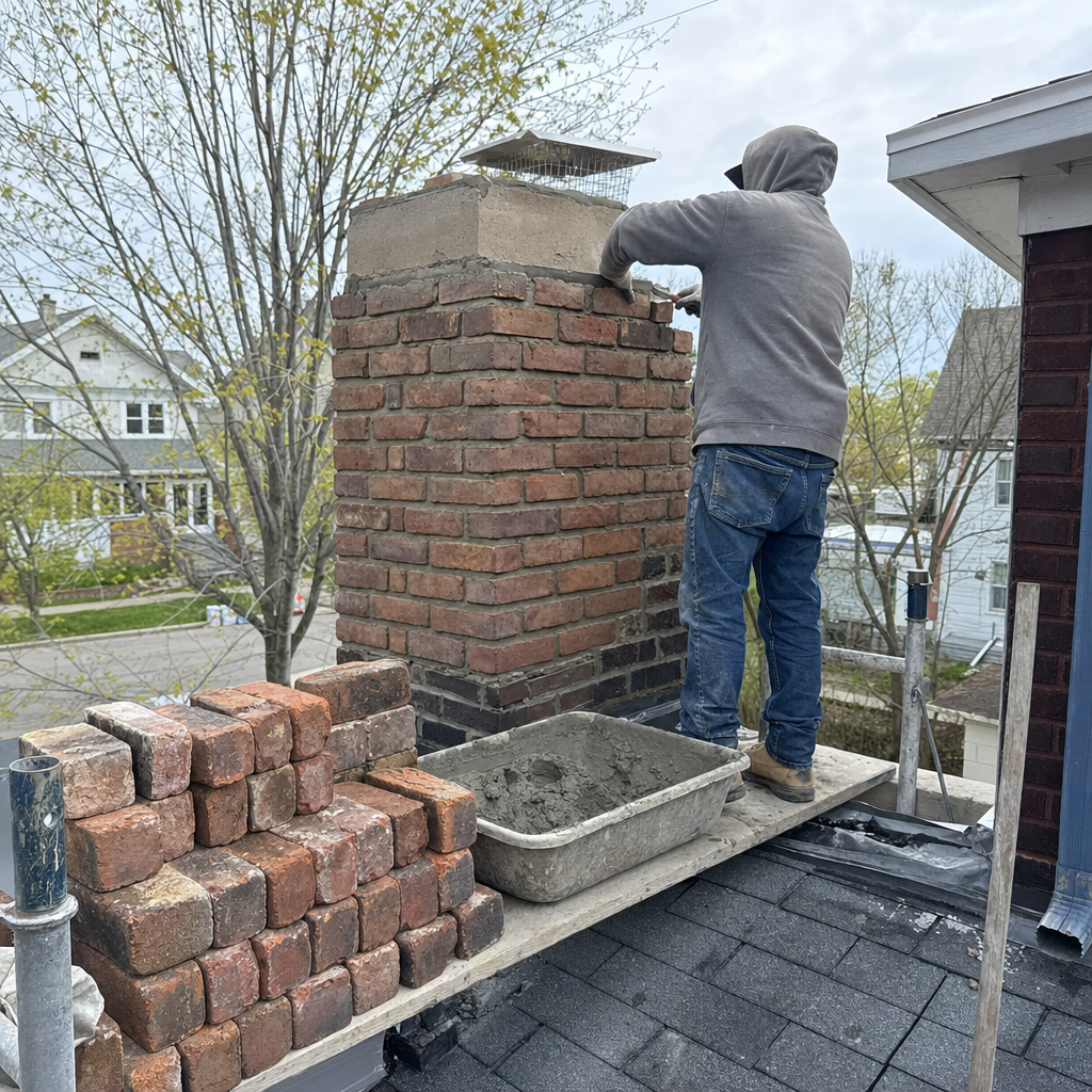Professional contractor performing a brick chimney liner and structural rebuild in Boston, NY