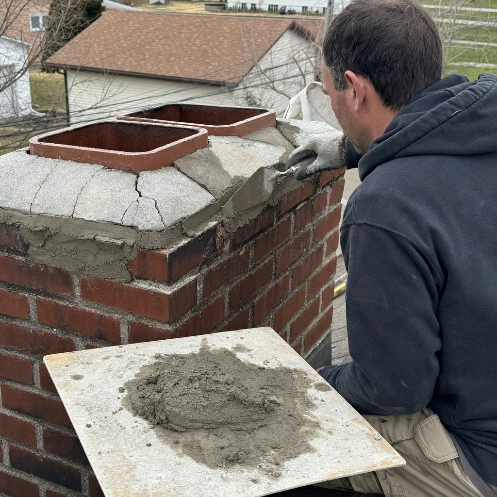 Professional contractor performing chimney crown repair and masonry maintenance in Buffalo, NY