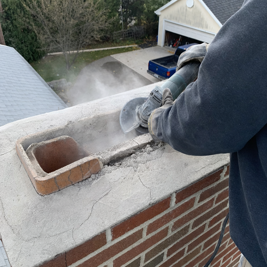 Professional contractor repairing a damaged brick chimney crown with power tools
