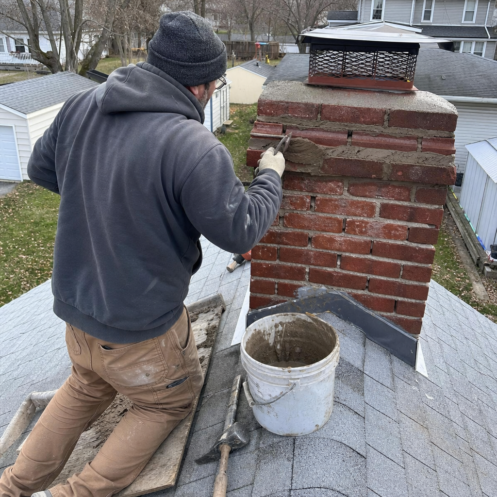 Professional contractor performing brick chimney repair and mortar repointing on roof.