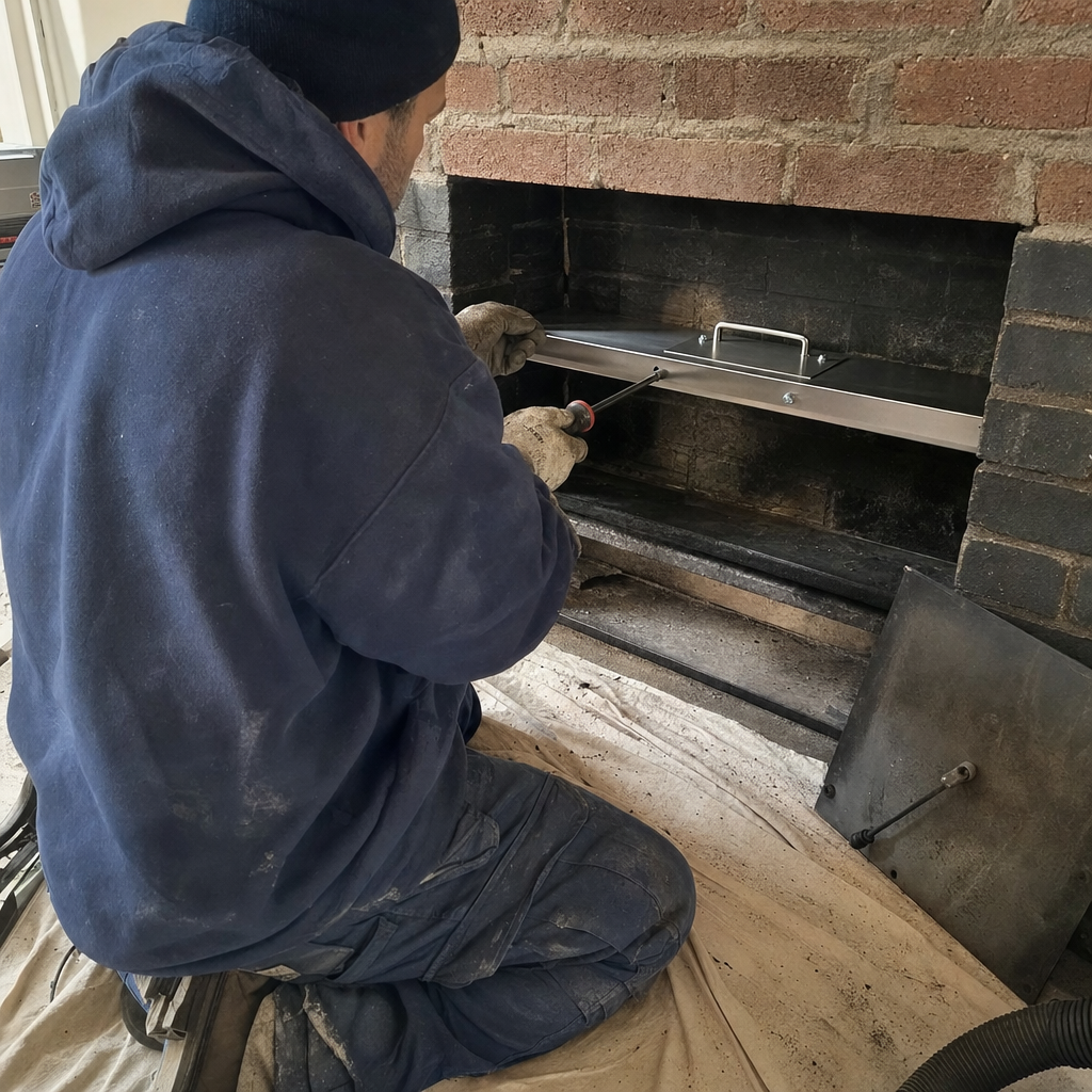 Technician installing a metal damper seal in a fireplace hearth in Buffalo, NY