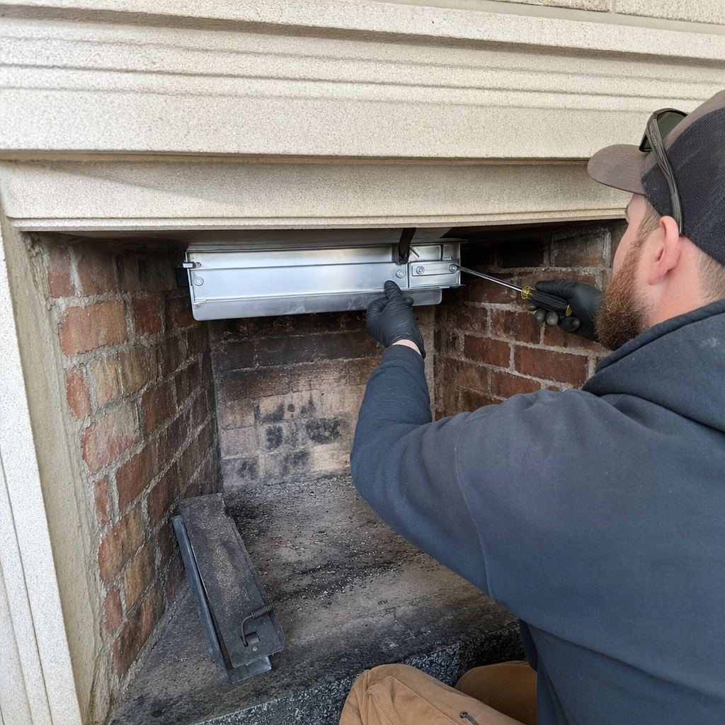 Professional technician installing a fireplace chimney damper component in Buffalo, NY
