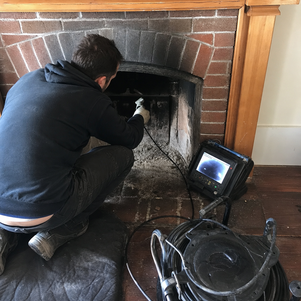 Professional technician performing a chimney fireplace video inspection service